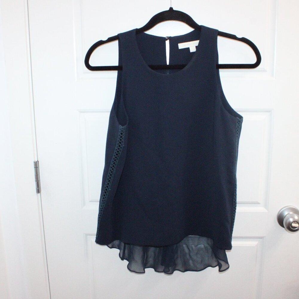 Jonathan Simkhai Women's Navy‎ Sleeveless Top XS Mixed Media Silk Trim Embroider